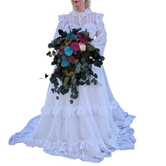 Vintage Dresses & Skirts - Vintage 70s Victorian Wedding Dress Bridgerton Lace High Neck Illusion Neckline